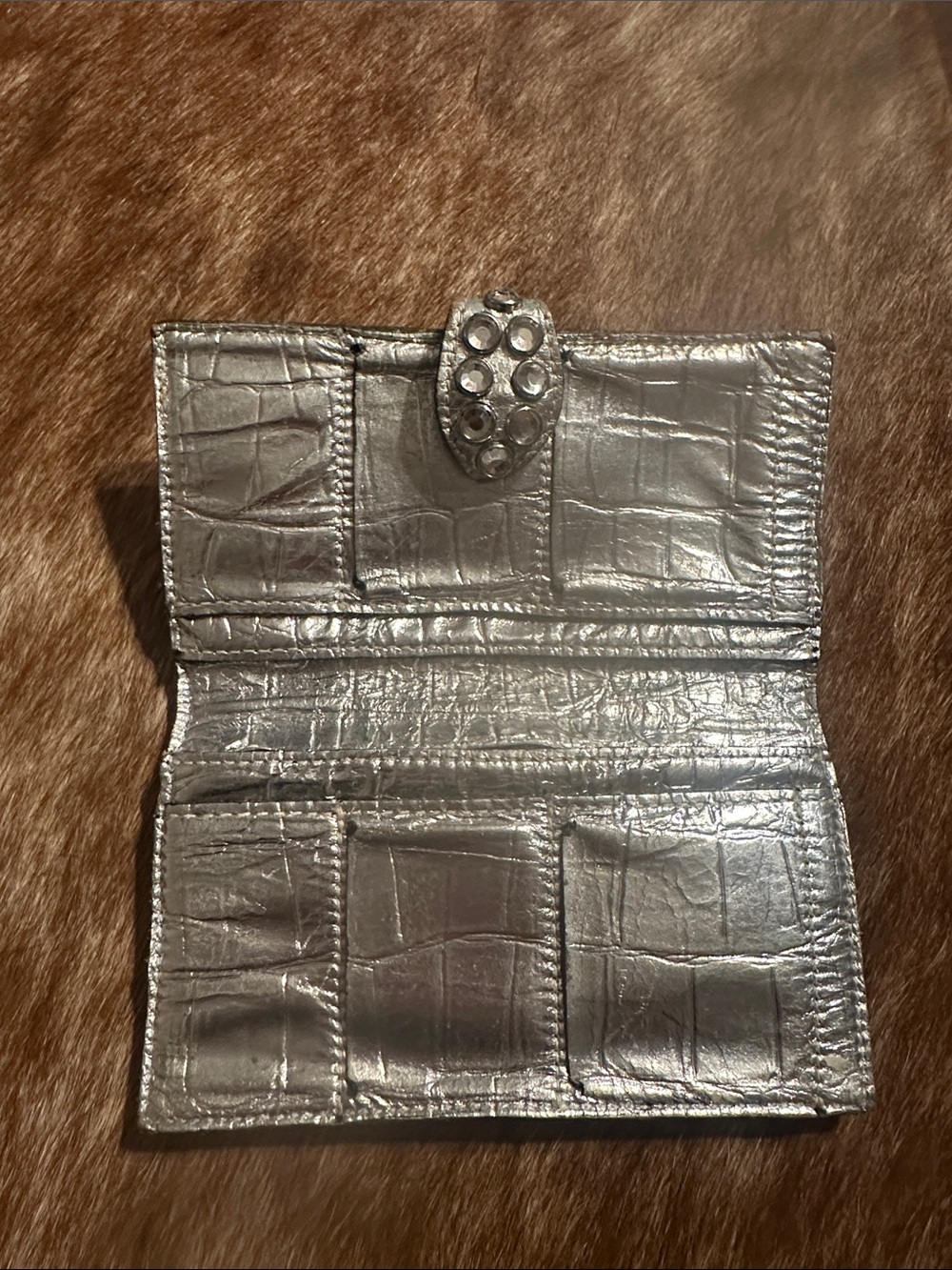 Raviani Crystal Studded Haircalf Wallet Clutch in Cream with Crystal Accents - Picture 3 of 4